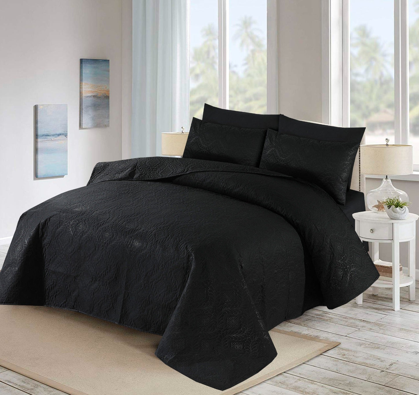 Dark Black Plain-  Summer BEDSPREAD Set (Light Filling)