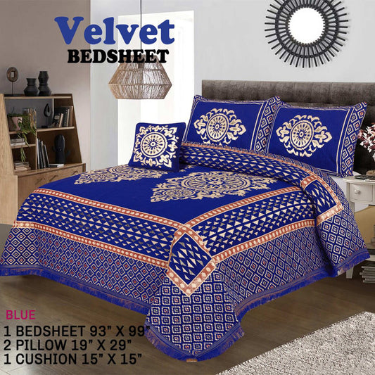 Velvet Bedsheet - 4 PC SET  (BLUE LEAF)