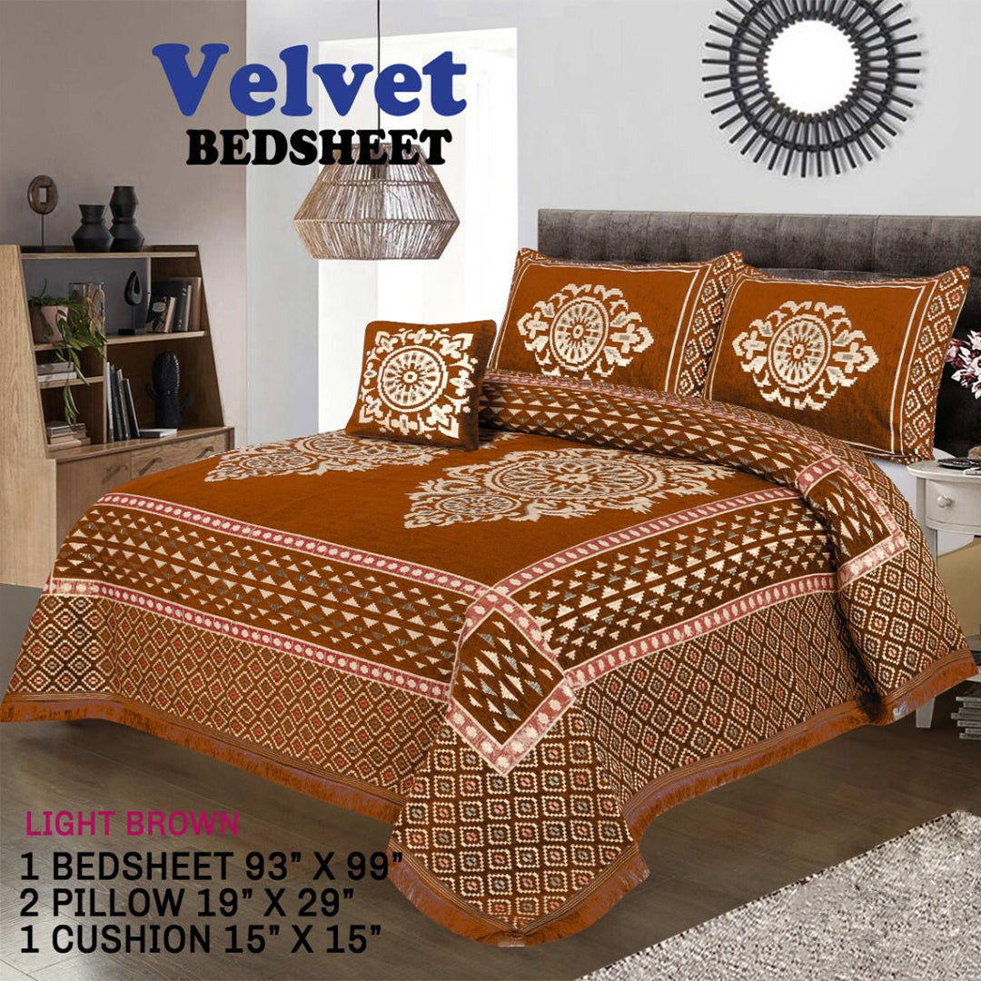 Velvet Bedsheet - 4 PC SET  (LIGHT BROWN LEAF)