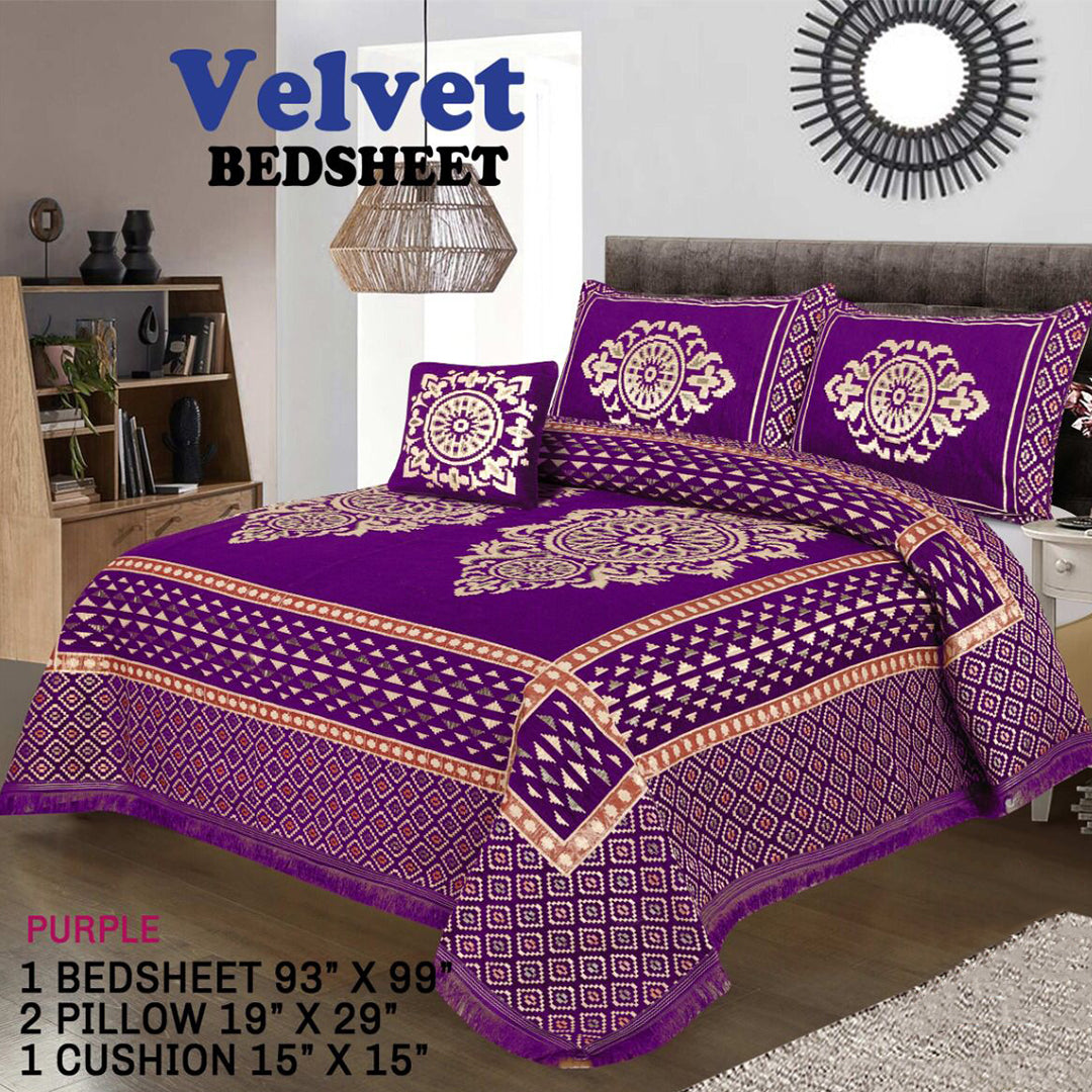 Velvet Bedsheet - 4 PC SET  (PURPLE LEAF)