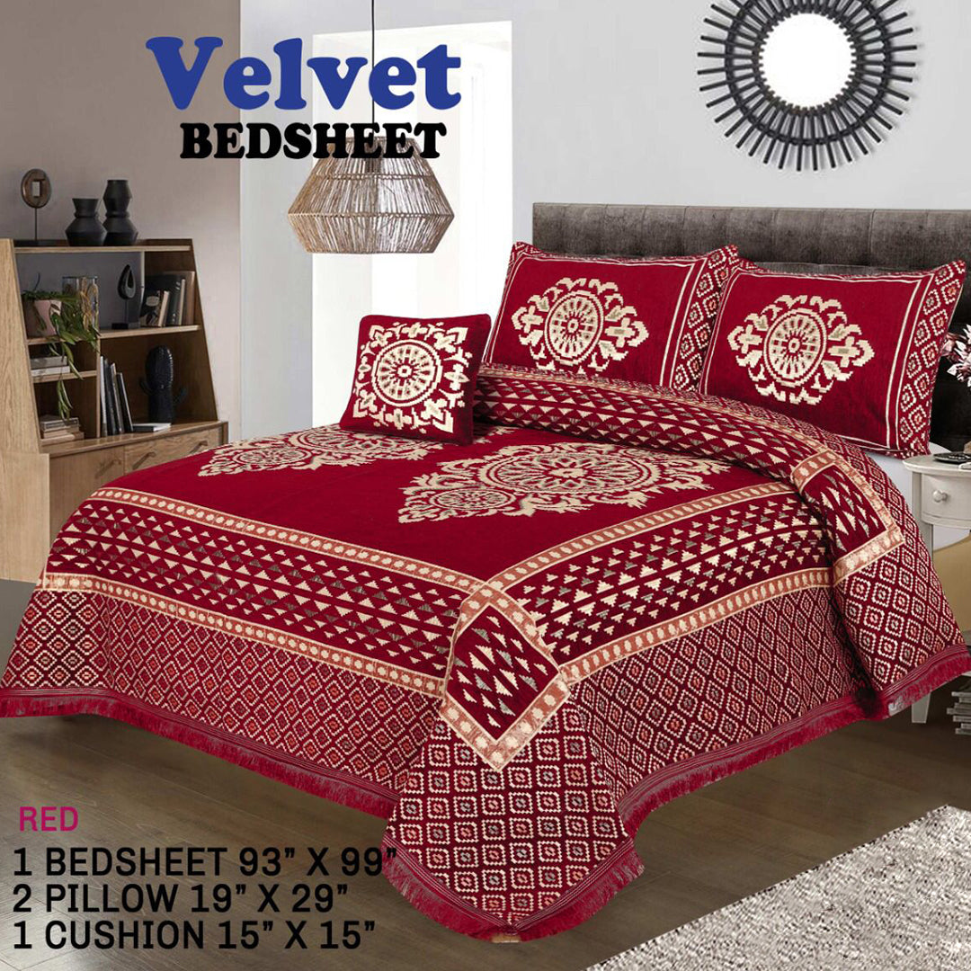 Velvet Bedsheet - 4 PC SET  (RED LEAF)