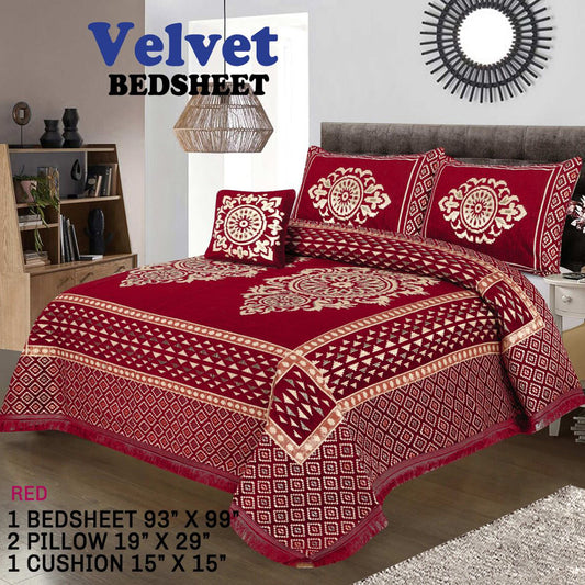 Velvet Bedsheet - 4 PC SET  (RED LEAF)