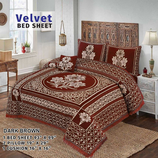 Velvet Flower Bedsheet - 4 PC SET  (DARK BROWN)