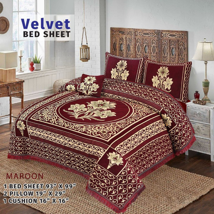 Velvet Flower Bedsheet - 4 PC SET  (MAROON)