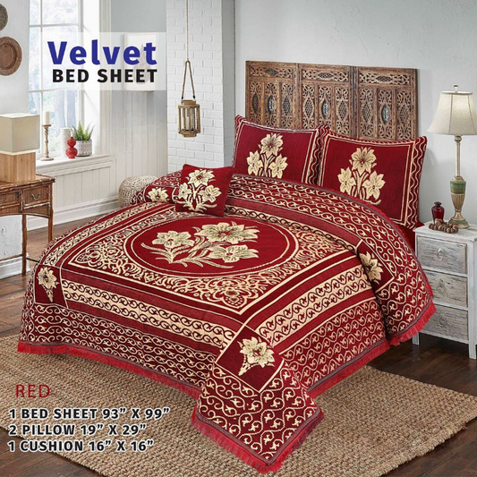 Velvet Flower Bedsheet - 4 PC SET  (RED)